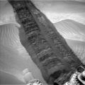 Curiosity's tracks in the sands of "Hidden Valley" (August 4, 2014).