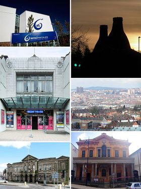 (top to bottom, left to right) Stoke-on-Trent Sixth Form College, Bottle kilns in Longton, Regent Theatre, Hanley skyline, Longton town hall Bethesda Methodist chapel
