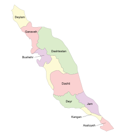 Location of Deyr County in Bushehr province (bottom, green)