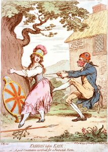 Fashion before Ease;—or,—A good Constitution sacrificed for a Fantastick Form G.W. invt. [Gillray f.] SUMMARY: Cartoon showing Britannia clasping trunk of a large oak, while Thomas Paine tugs with both hands at her stay laces, his foot on her posterior. From his coat pocket protrudes a pair of scissors and a tape inscribed: Rights of Man. Behind him is a thatched cottage inscribed: Thomas Pain, Staymaker from Thetford. Paris Modes, by express.