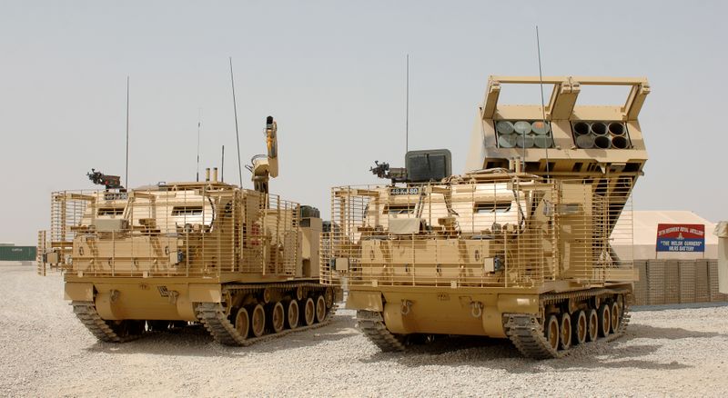 ملف:MLRS (Multiple Launch Rocket System) Vehicles at Camp Bastion, Afghanistan MOD 45148148.jpg