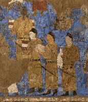 Tang dynasty emissaries at the court of Varkhuman in Samarkand carrying silk and a string of silkworm cocoons, circa 655 CE, Afrasiyab murals, Samarkand