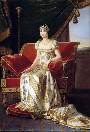 A brown-haired lady sits on a red first empire style sofa wearing a golden empire silhouette.