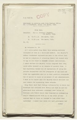 وثيقة بريطانية للقاء الملك غازي مع الممثل البريطاني، 9 مارس 1939.