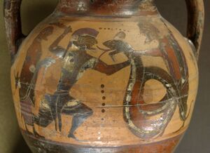 Euboean amphora, c. 550 ق.م.، تصور القتال بين قدموس وتنين
