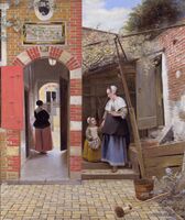 Pieter de Hooch, Courtyard of a House in Delft, 1658, a study in domestic virtue, texture and spatial complexity. The woman is a servant.[53]