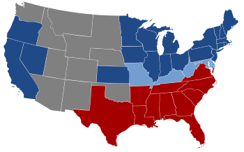 Map of the division of the states in the American Civil War (1861–1865).   Northern free states loyal to the United States   Southern slave states which seceded and formed the Confederacy   Southern slave states which remained in the Union (border states) and West Virginia   U.S. territories, with the exception of the Indian Territory (later Oklahoma)