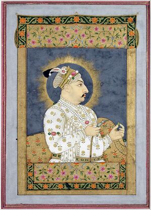 A color portrait of a mustached turbaned man in royal dress