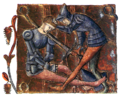 1344 medieval miniature showing the decapitation of Count Lozano by El Cid.