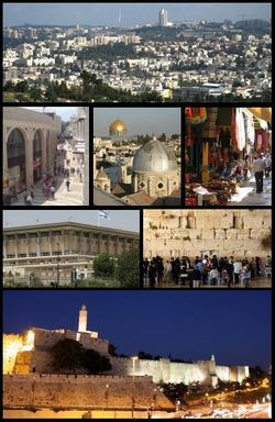 من أعلى اليسار: أفق المدينة من Mamilla، المدينة العنيقة وقبة الصخرة، وسوق المدينة العتيقة، حائط البراق، وبرج داود وحوائط القدس العتيقة.
