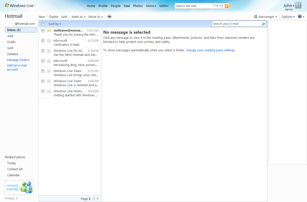 Select message. Comparison of Webmail providers. Windows Live events.