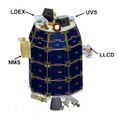 The LADEE spacecraft with instruments labeled.