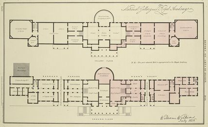 The piano nobile and ground floor of Wilkins's building, before expansion. Note the passageways behind the east and west porticoes. Areas shaded in pink were used by the Royal Academy until 1868.