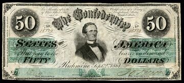 $50 confederate bill with man's profile, man looking right