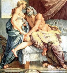 A half-clad male figure, heavily bearded and white-haired, half-reclines on a bed as he draws towards him the semi-clothed figure of a statuesque woman. They are looking ardently at each other.