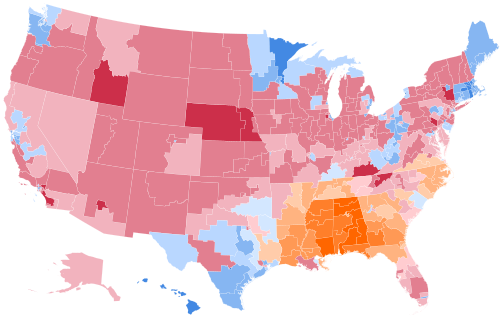 Results by district, shaded according to winning candidate's percentage of the vote
