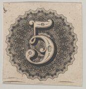 Banknote motif: number 5 against a circular panel of lace-like lathe work with a scalloped edge