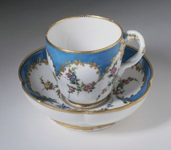 Cup with saucer; circa 1753; soft-paste porcelain with glaze and enamel; Los Angeles County Museum of Art