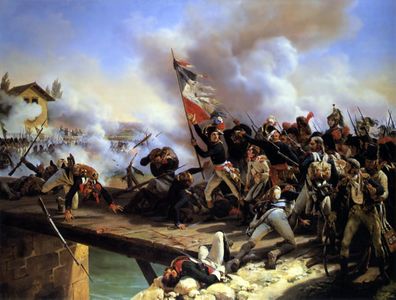 General Bonaparte leads his soldiers across a bridge at the Battle of Arcole (November 15–17, 1796)