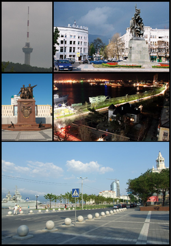 تجاه عقارب الساعة من أعلى: برج تلفزيون نوڤوروسييسك، ميدان لنين، ميناء المدينة، شاطئ پرومناد، النصب التذكاري للحرب التركية.