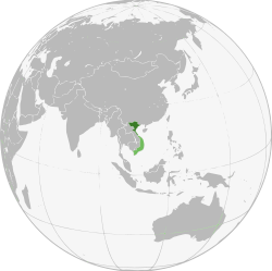 The administrative territory of the Democratic Republic of Vietnam according to the 1954 Geneva Accord is shown in dark green; territory claimed but not controlled is shown in light green.