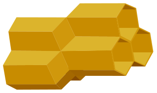 A computer-generated model of two opposing honeycomb layers, showing three cells on one layer fitting together with three cells on the opposing layer