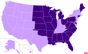 الولايات في الولايات المتحدة عن طريق السكان البروتستانت السود أو التقليديين وفقاً لمسح المشهد الديني لـ مركز پيو للأبحاث لعام 2014.[151] الولايات التي بها عدد سكان بروتستانت تقليديين أو سود بروتستانت أكبر من الولايات المتحدة ككل باللون الأرجواني الكامل.