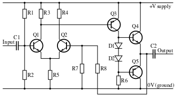 An electronic circuit diagram including resistors, capacitors, transistors and diodes