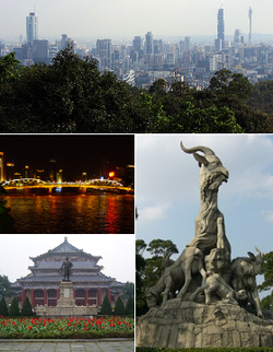 من أعلى: وسط تيان‌هه، برج كانتون وChigang Pagoda, Haizhu Bridge, Sun Yat-sen Memorial Hall, the Five Goat Statue and Zhenhai Tower in Yuexiu Park, and Sacred Heart Cathedral.