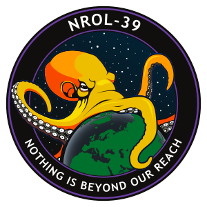 A mission badge of an octopus spanning the world against a starry background, labelled "NROL-39" and "Nothing is beyond our reach"